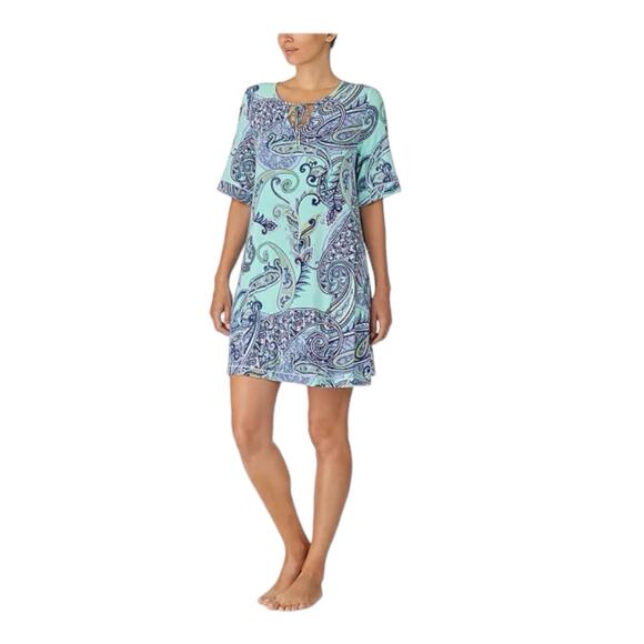Ellen Tracy Dress Women's Size L Turquoise Blue Paisley Print Short Sleeve Mini - Picture 4 of 6